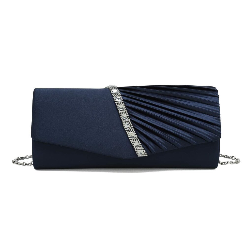 9776 Evening Handbag Crystal Embellished Purse Pleated Satin Clutch Navy